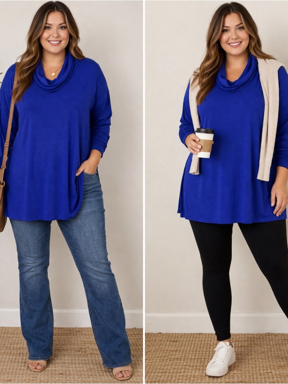 Zenana Outfitters Cowl Neck Tunic Sweater - Royal Blue